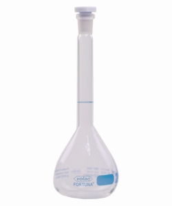 Picture of Volumetric flasks Volac FORTUNA<sup>&reg;</sup>, boro 3.3, class A, with PP stoppers, blue graduation